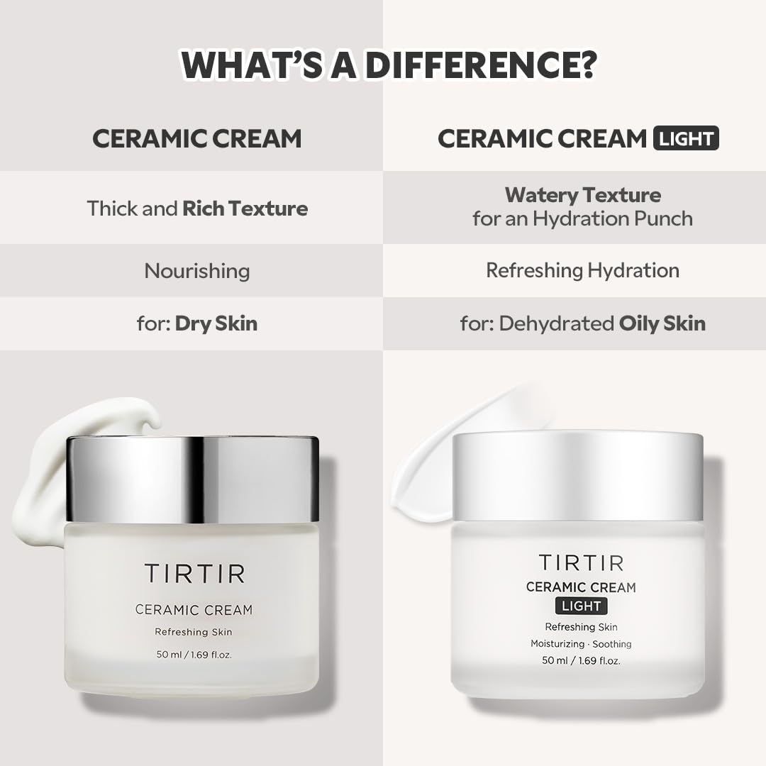 TIRTIR Ceramic Cream Light | Deep moisturizer for Glass Skin, Polyglutamic acid, Centella Asiatica Extract, Skin barrier, Lightweight, Mild, Nature derived ingredients, Dry skin, Korean skincare