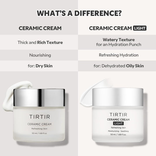 TIRTIR Ceramic Cream Light | Deep moisturizer for Glass Skin, Polyglutamic acid, Centella Asiatica Extract, Skin barrier, Lightweight, Mild, Nature derived ingredients, Dry skin, Korean skincare