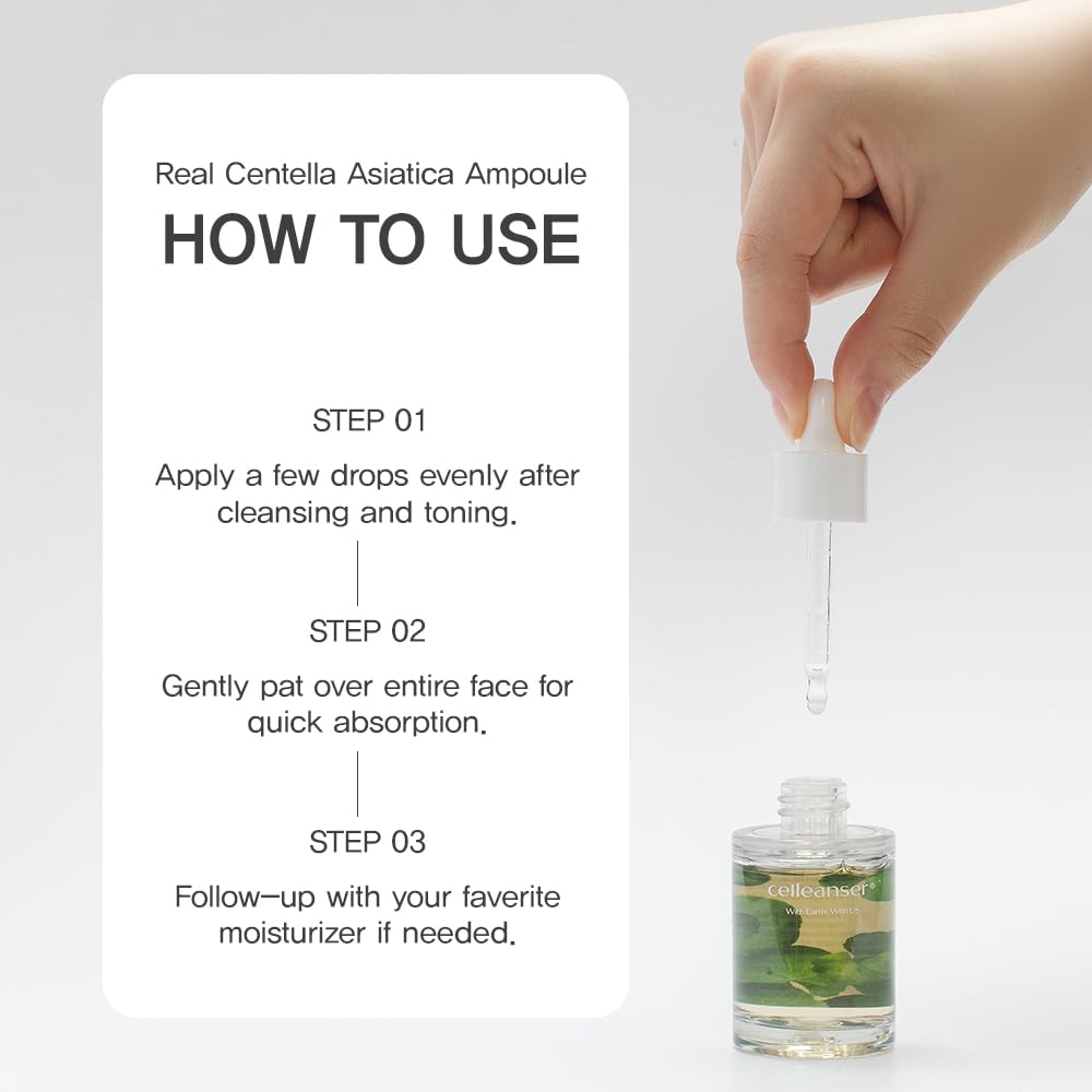 CELLEANSER Real Ampoule - 100% Centella Asiatica Extract Water, Single-Ingredient Soothing Serum for Sensitive Skin, 1.01 fl.oz