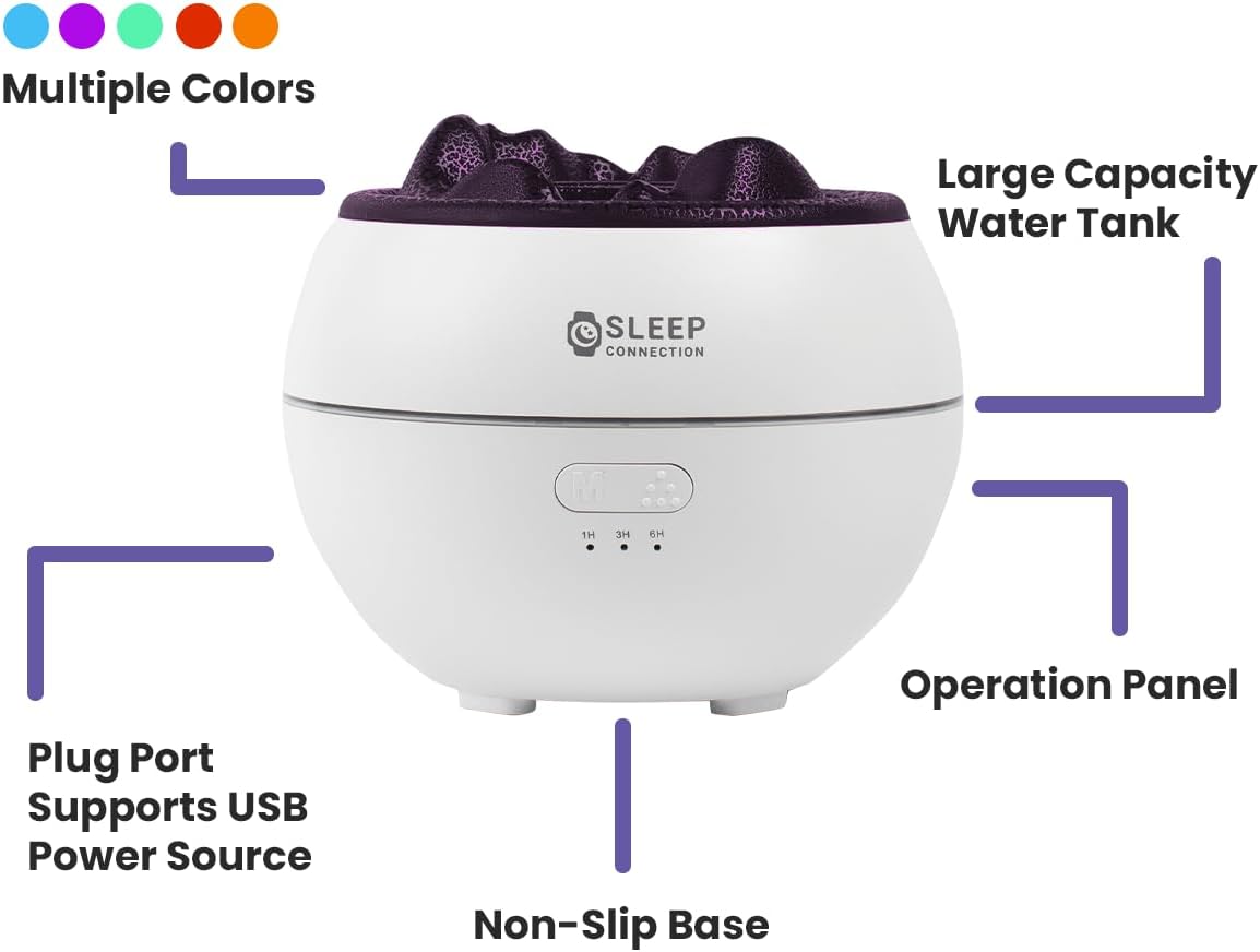 Sleep Connection Volcano Humidifier Essential Oil Diffuser - 360ml Fine Mist Volcano Aroma Diffuser, Quiet Operation with Flexible Timer Settings, 7-Color LED Lights for Enhanced Sleep and Relaxation