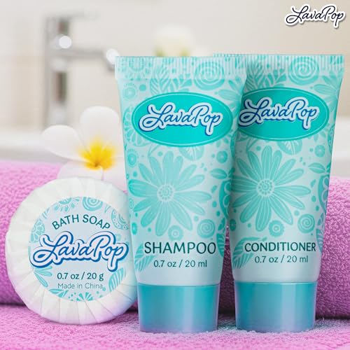 LavaPop - Hotel Soap, Shampoo & Conditioner 3-Piece Set - Iris, Violet & Amber, 0.7 oz each, 150 Pcs - Calming & Comforting Travel Size Amenities - Bulk Toiletries for Airbnb, Motels & Guest Rooms