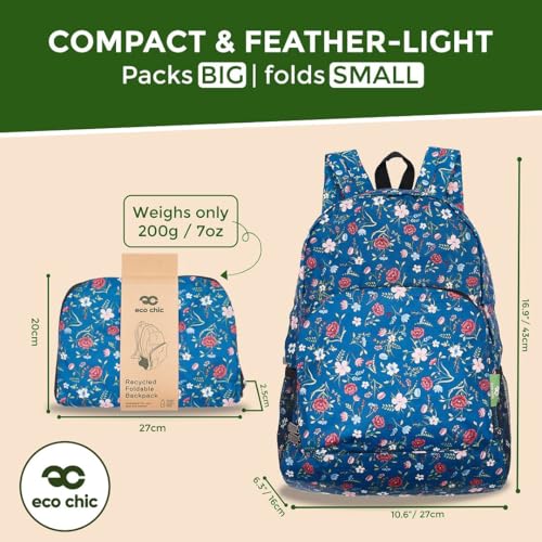 ECO CHIC Hiking Lightweight Packable Backpack - Foldable Daypack for Travel & Hiking & Outdoor Adventures - Waterproof Backpack from Recycled Materials (Floral Navy)