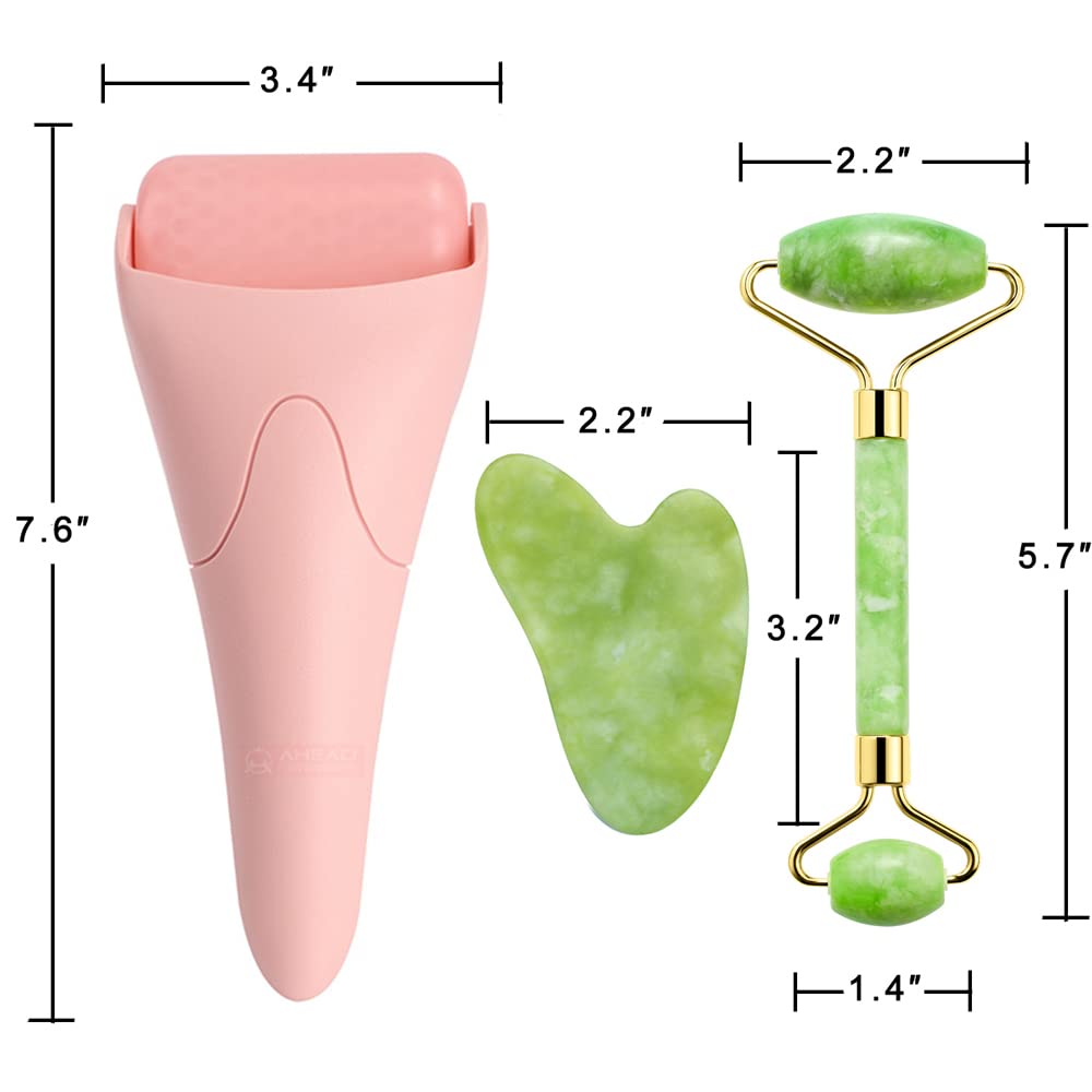 3-in-1 Natural Jade Roller and Gua Sha Set for Face and Eye Ice Roller Facial Cooling Massage Roller
