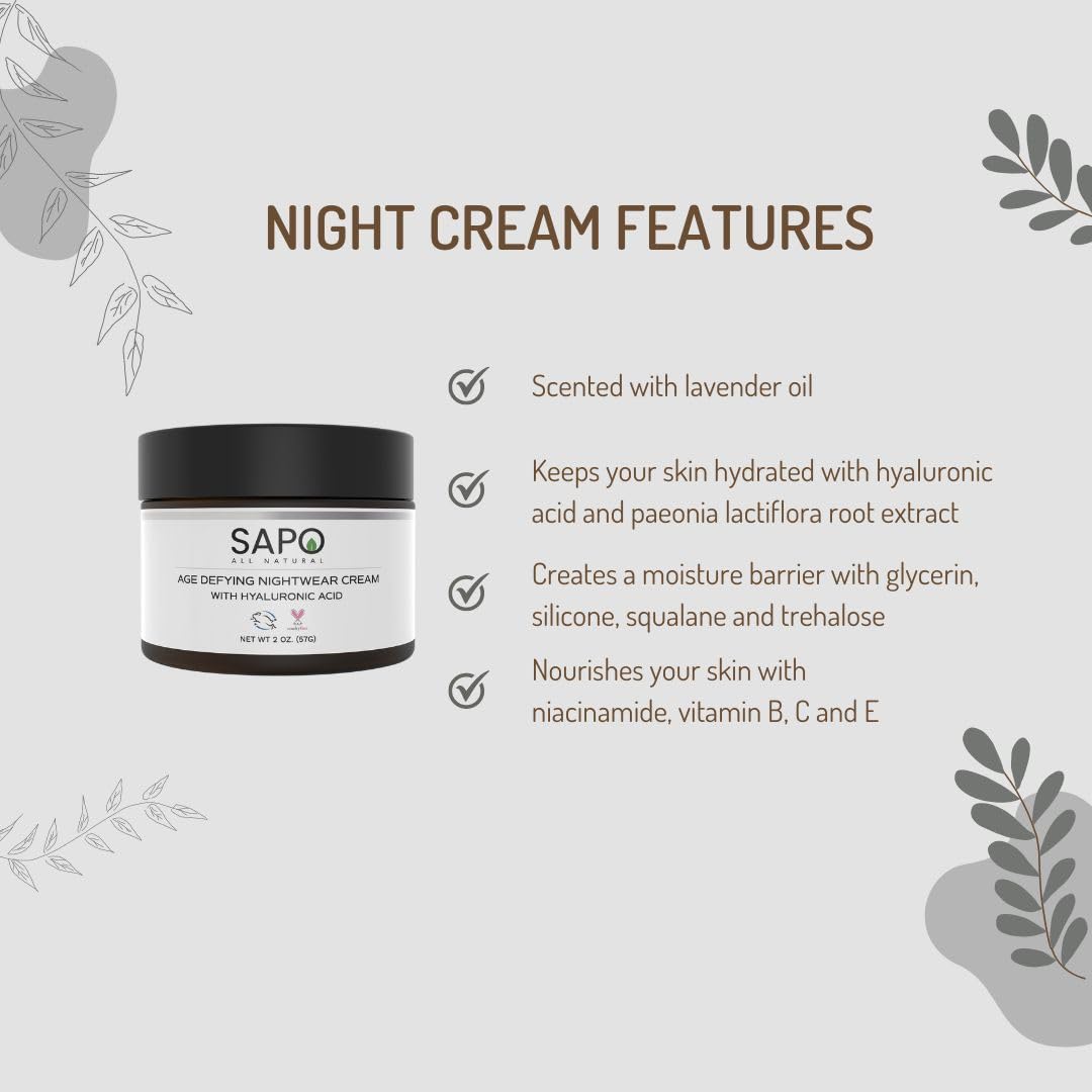 Sapo Night Cream - Age Defying Moisturizer with Hyaluronic Acid, Niacinamide, Squalane and Lavender - Deep Hydration and Repair, 2 oz