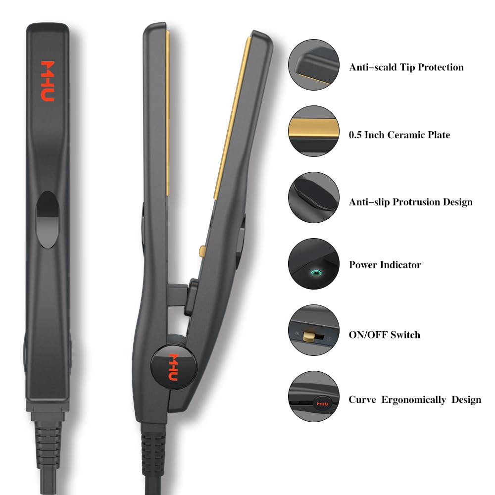 Lightweight Portable Hair Straightener, 0.5 Inch Mini Flat Iron with Ceramic Tourmaline Plates & Smart Constant Temperature - Perfect for Short Hair, Curls, Bangs & Travel - Small Styling Iron