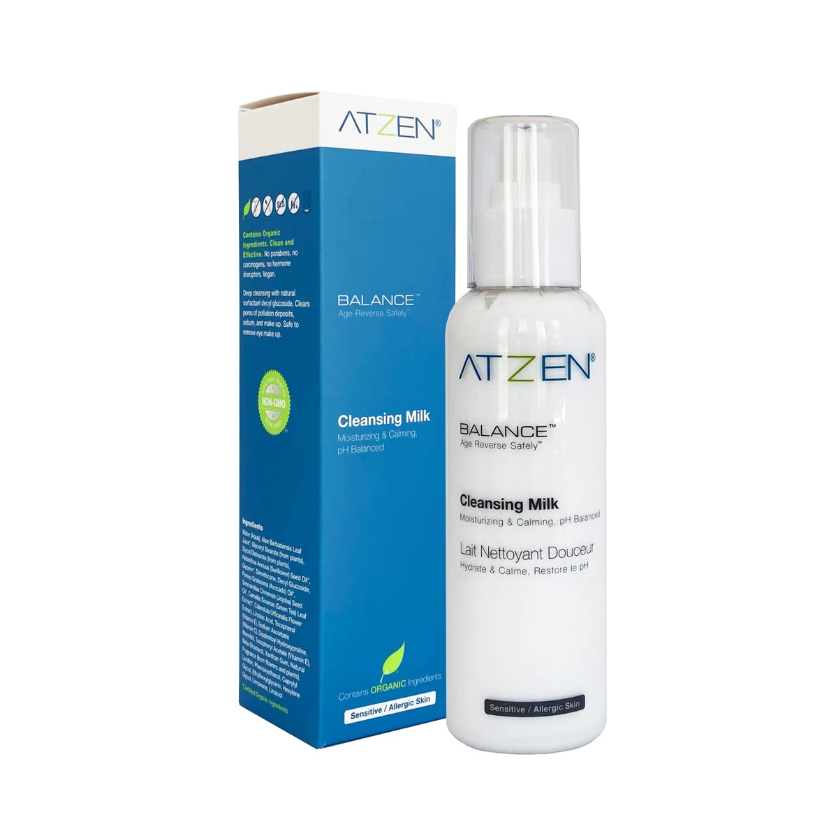 ATZEN Clean Natural Effective Cleansing Milk Facial Cleanser with Aloe and Decyl Glucoside 6.8fl.oz./200ml