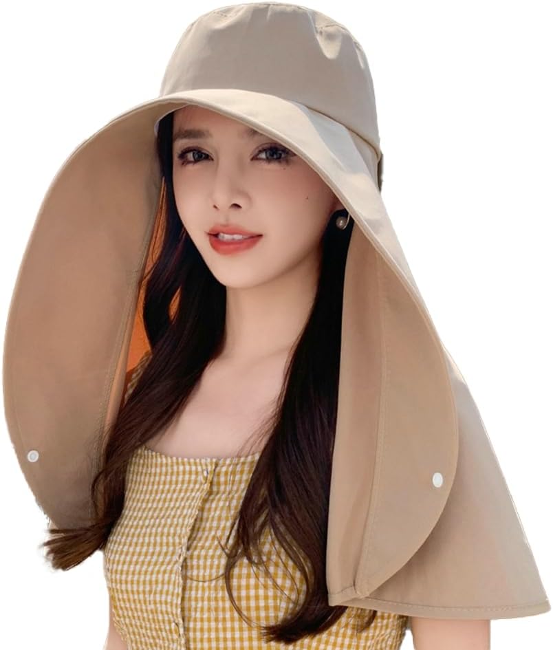 Sun Hats for Women Sun Protection Wide Brim Shawl with Neck Flap Hiking Visor Hat Outdoor Summer Khaki