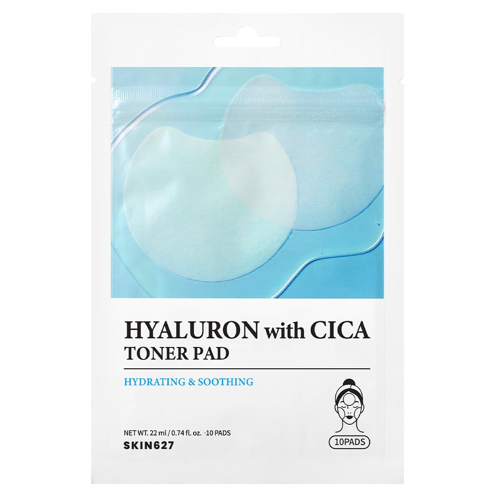 SKIN627 Hyaluron with Cica Toner Pad | Korean Facial Sheets with 6 Types of Hyaluronic Acid and Centella Asiatica | Deep Hydration and Soothing Care | 10 Pads x 3 Pack