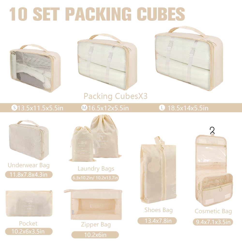 10 Set Packing Cubes for Travel, Lightweight Suitcase Luggage Organizer Bags, Travel Essentials Packing Organizers for Luggage, Packing Cubes for Carry On Suitcase in 4 Sizes with Shoe Bag, White