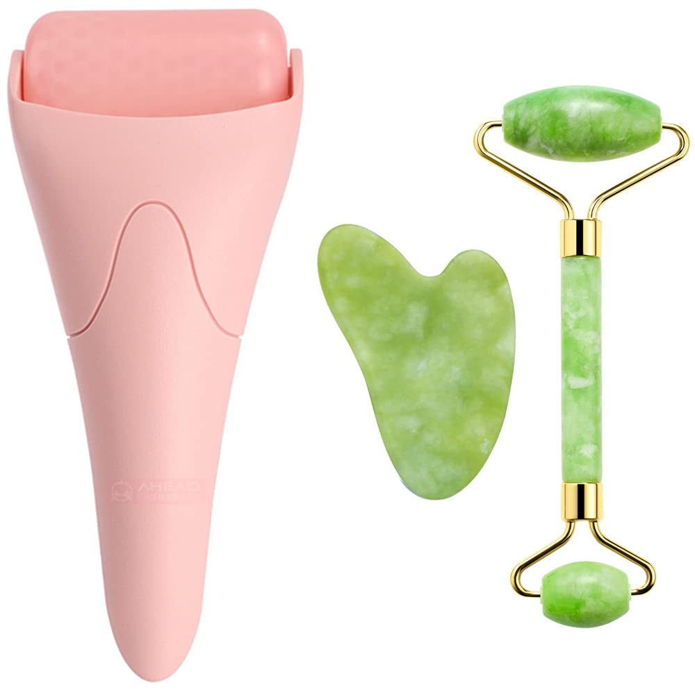 3-in-1 Natural Jade Roller and Gua Sha Set for Face and Eye Ice Roller Facial Cooling Massage Roller