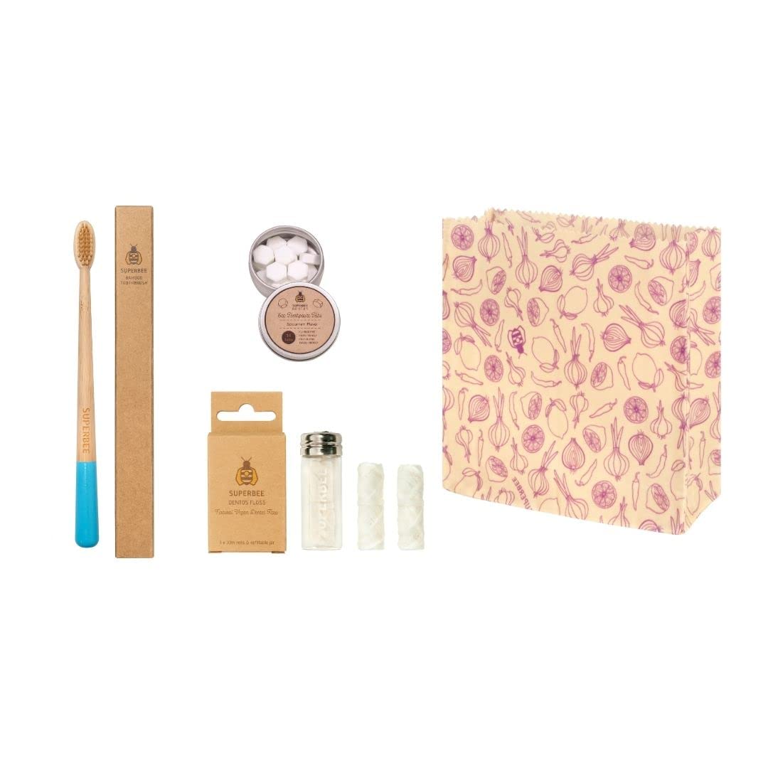 SuperBee Travel kit with Dentos Toothpaste Tablets 14 tabs, Natural Floss, Soft Bristles Bamboo Toothbrush - Fluoride Free & Eco Friendly, Travel Size kit Plastic Free
