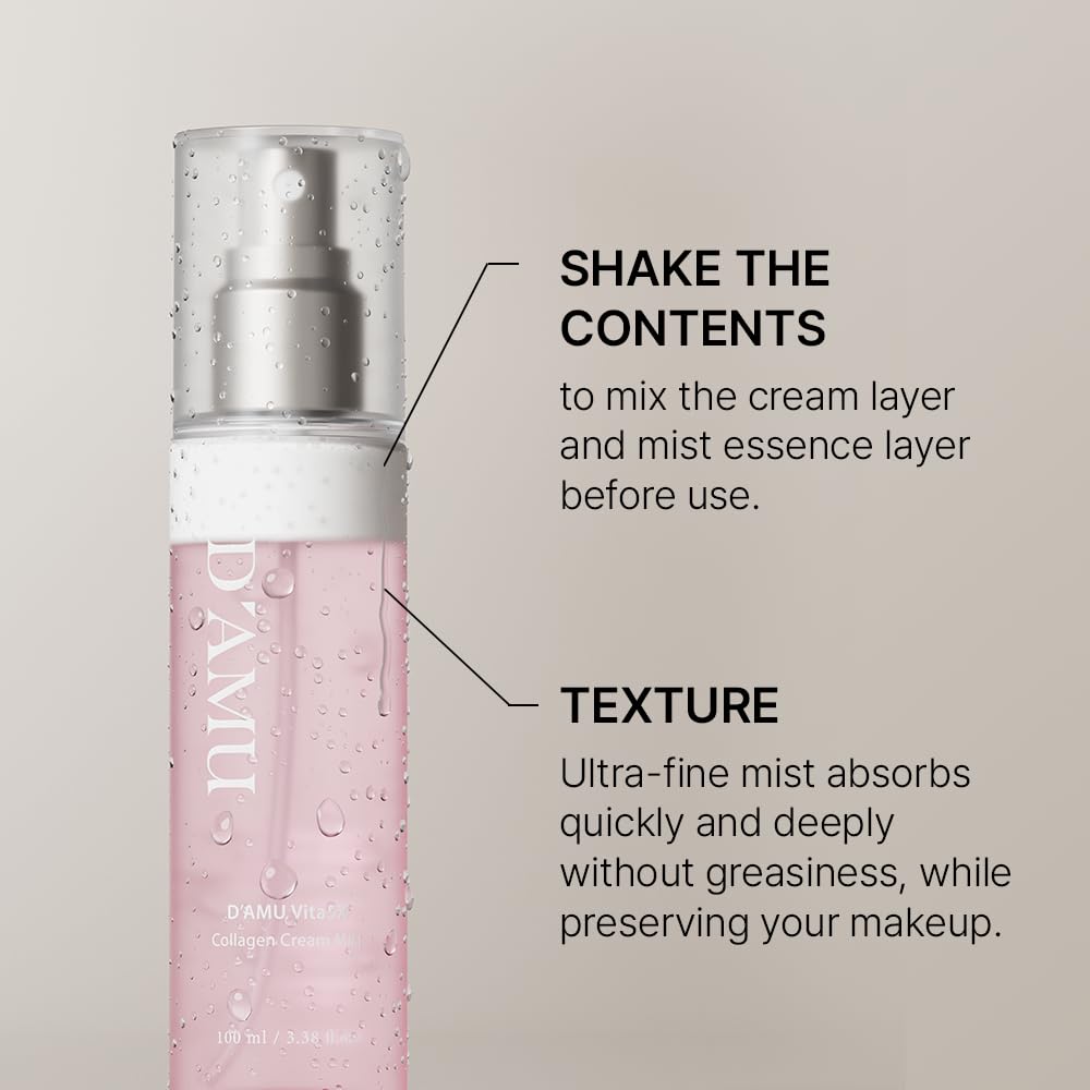D'AMU Collagen Cream Face Mist – Hydrating & Brightening Facial Spray with Vita 5X Multi-Vitamin Complex for Elasticity Care & Radiant Glow – Korean Skincare Gift for Women – 3.38 fl.oz.