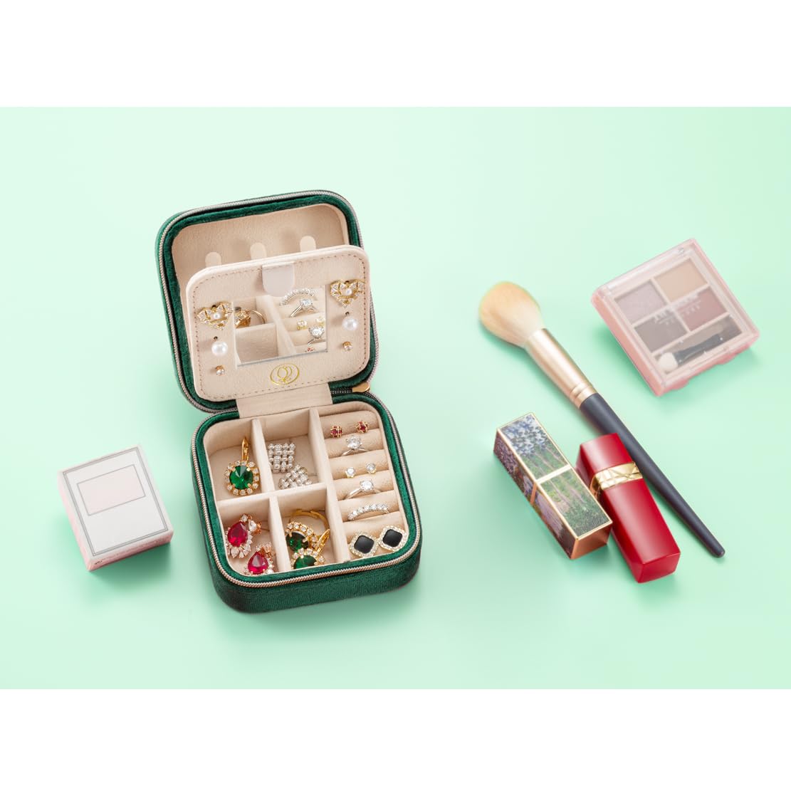 Plush Velvet Jewelry Travel Case,Small Jewelry Box,Traveling Jewelry Organizer,Portable Jewellery Storage Holder for Rings Earrings Necklace Bracelet, for Girls Women | Green-Mirror