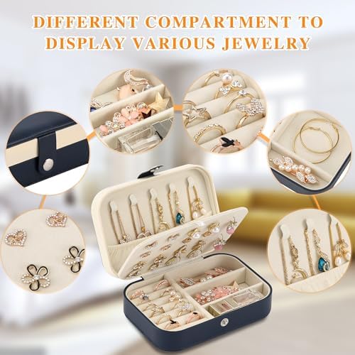 XZUZ Travel Jewelry Box, PU leather Small Jewelry Organizer For Female Girls, double layer portable mini travel case for storing earrings, rings, necklaces.(Dark Blue 2pcs)