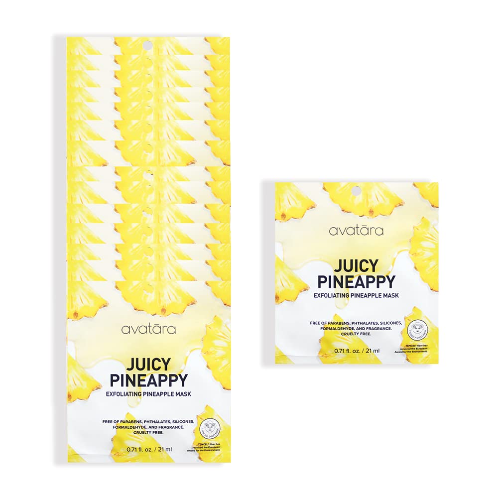 Avatara Juicy Pineappy Exfoliating Facial Mask 15 Sheets, Beauty and Skincare Sheet Masks, Pineapple Extracts and Clean Ingredients for Gently Removing Old Skin Cells for a Refreshed Look, 15 Pack