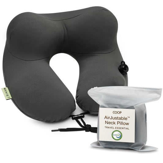 Coop Home Goods AirJustable Travel Neck Pillow, Inflatable, Adjustable Support for Neck & Chin, Compact Travel Pillow, Soft Memory Foam Comfort, Airplane Travel Essentials, Cooling & Washable Cover