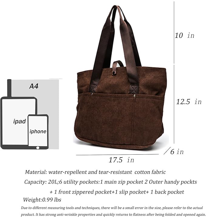 mcuvaec Corduroy Tote Bag for Women, Foldable Tote Bag With Zipper, Large Shoulder Bag, Purses and Handbags for Work Travel(Corduroy bag-Brown)
