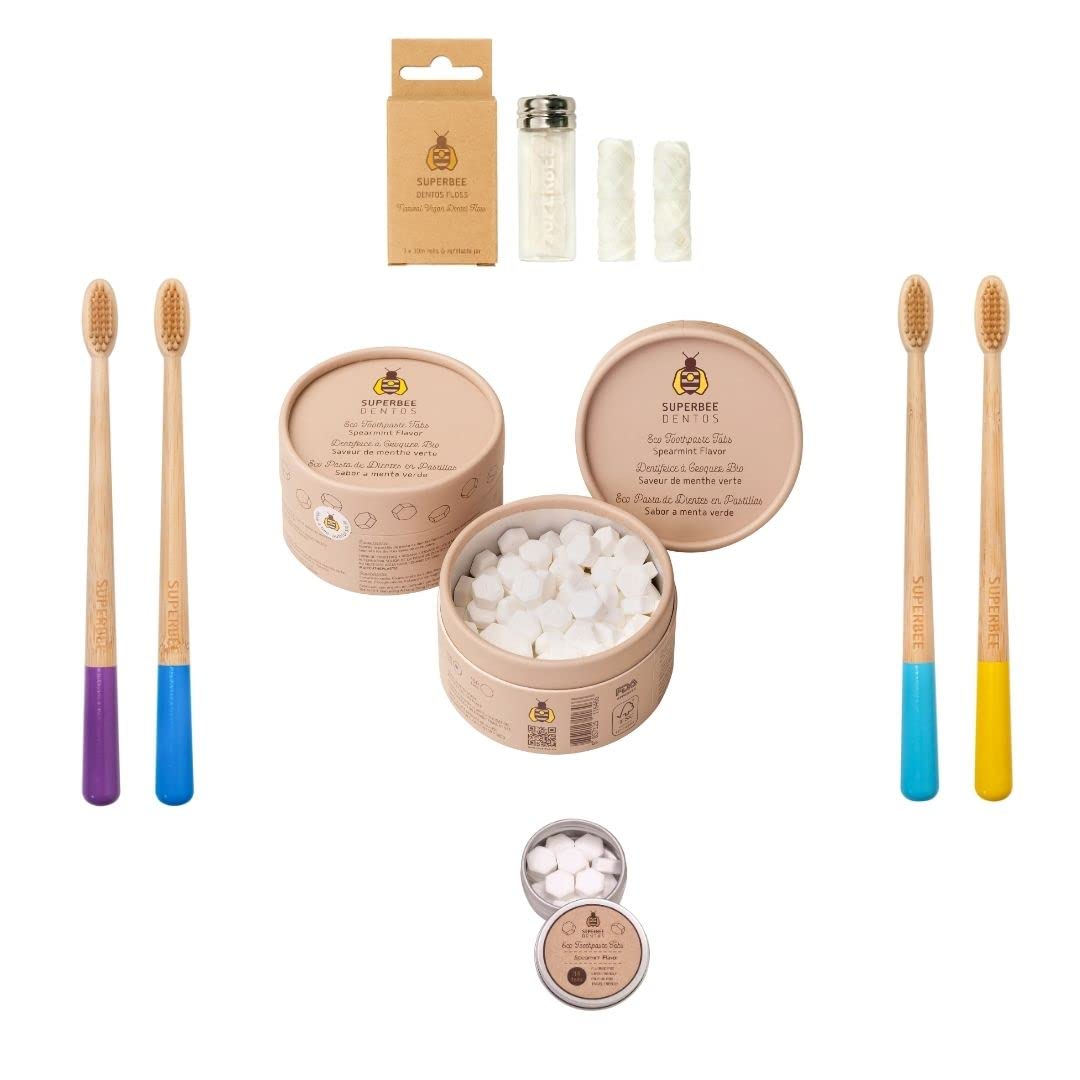 SuperBee Family kit with Dentos Toothpaste Tablets 300 tabs, Natural Floss, Soft Bristles Bamboo toothbrushes - Fluoride Free & Eco Friendly, Housewarming Gift Christmas Plastic Free