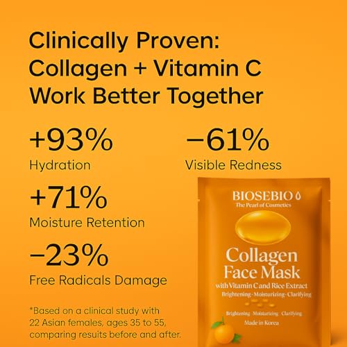 Korean Collagen Face Mask with Vitamin C & Rice Extract - BIOSEBIO Hyaluronic Acid Sheet Masks for Glowing Radiant Skin - Deep Hydrating, Moisturizing & Anti-Aging Facial Skincare for Women - 5 Pack