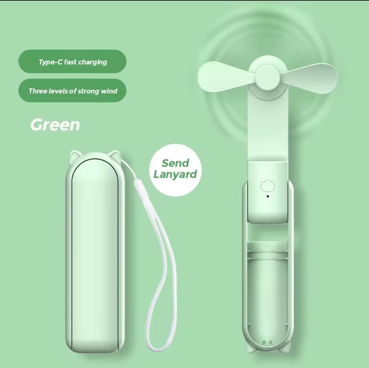 Portable Mini Fan with Powerbank, 3-Speed USB Rechargeable, 25Hr Battery Life, Brown/Green