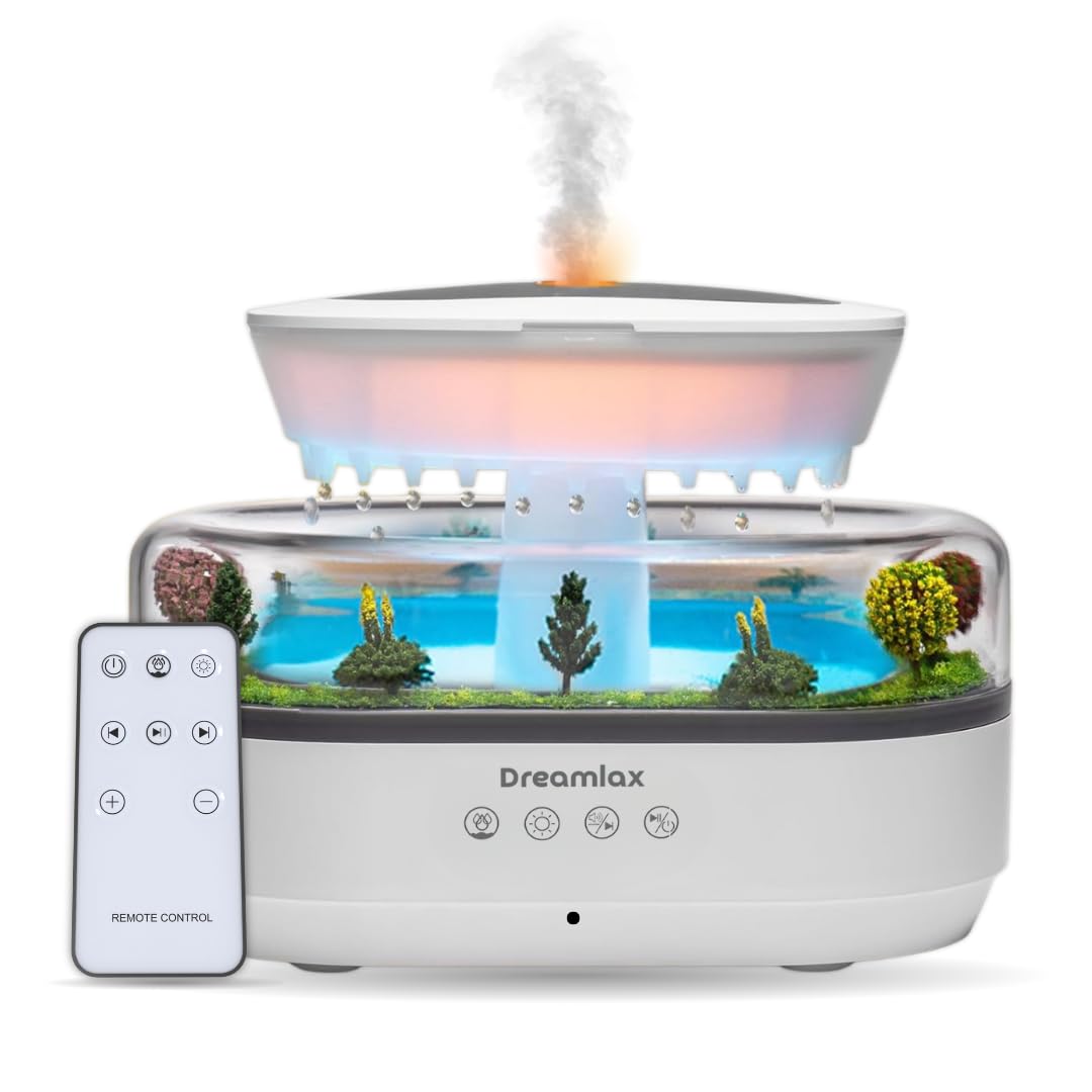 Dreamlax Rain Humidifiers for Bedroom – Cool Mist Essential Oil Diffuser, White Noise Machine with 10 Nature Sounds, 7 LED Lights, Remote Control & Decorative Raindrop Lamp