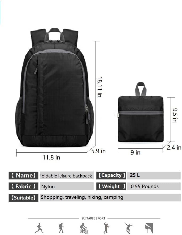 Gagashoo Ultra Lightweight-Packable-Hiking-Backpack Small Foldable Travel Camping Daypack Casual Outdoor Water-resistant 25L Backpacks (Black)