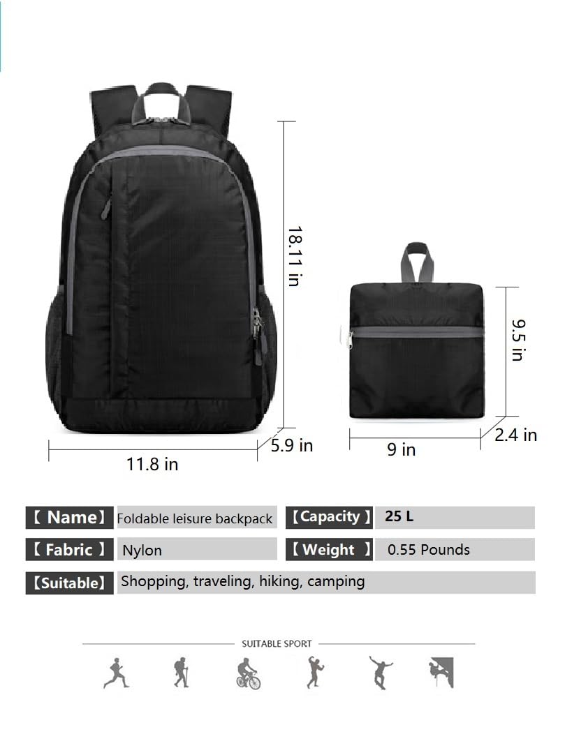 Gagashoo Ultra Lightweight-Packable-Hiking-Backpack Small Foldable Travel Camping Daypack Casual Outdoor Water-resistant 25L Backpacks (Black)