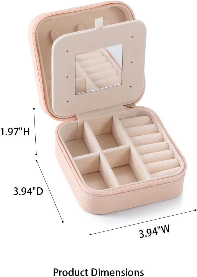 Small Travel Jewelry Case, To Go Portable Jewelry Box, Travel Jewelry Organizer,Portable Jewellery Storage Holder for Rings Earrings Necklace, Gifts for Girls Women with Mirror -Pink