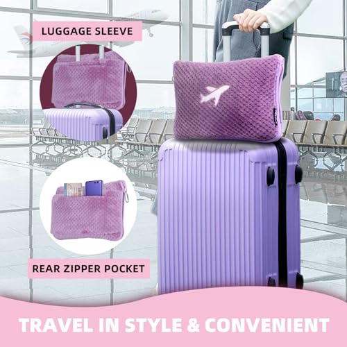Nenolix 3 in 1 Travel Blanket Pillow Set - 350 GSM Thick Travel Blanket Airplane Compact with Bag, Soft Bag with a Pocket, Inflatable Travel Pillow for Camping & Car Trip (Violet)