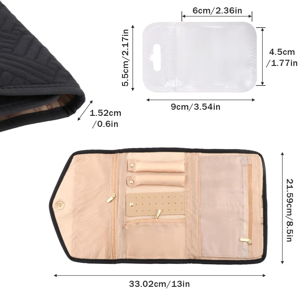 Parthan Travel Jewelry Organizer Case, Foldable Jewelry Storage Roll with 50 pcs Transparent Self Sealing Bag for Store Necklaces Earrings Bracelets Rings, Travel Essentials Girls Gifts(Black)