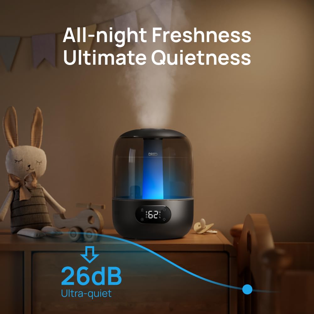 Dreo Humidifiers for Bedroom, 3L Top Fill 30H & 26dB Quiet Runtime for Large Room, Cool Mist Ultrasonic Humidifier with Humidity Sensor, Night Light for Home, Baby, Nursery, Plants, 360ยฐ Nozzle, Black