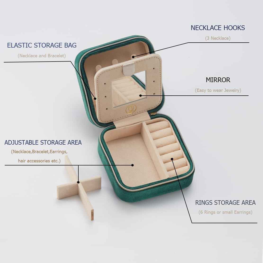 Plush Velvet Jewelry Travel Case,Small Jewelry Box,Traveling Jewelry Organizer,Portable Jewellery Storage Holder for Rings Earrings Necklace Bracelet, for Girls Women | Green-Mirror