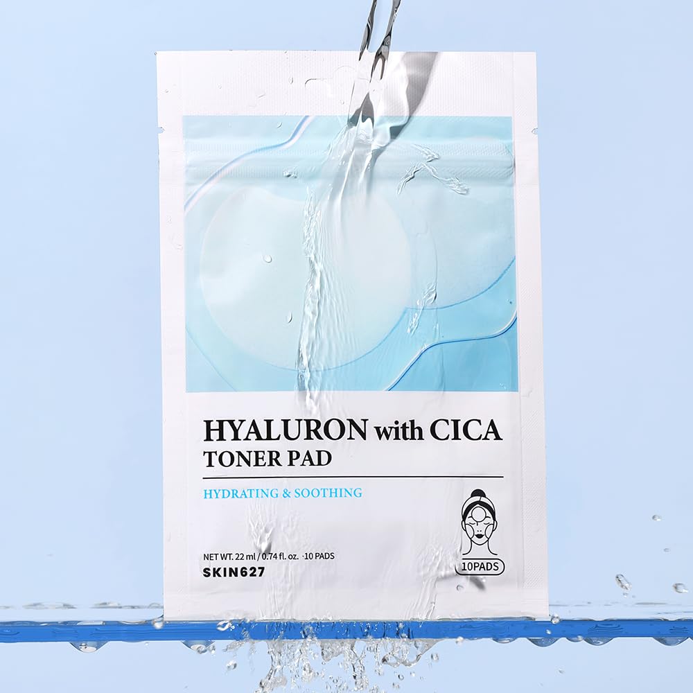 SKIN627 Hyaluron with Cica Toner Pad | Korean Facial Sheets with 6 Types of Hyaluronic Acid and Centella Asiatica | Deep Hydration and Soothing Care | 10 Pads x 3 Pack