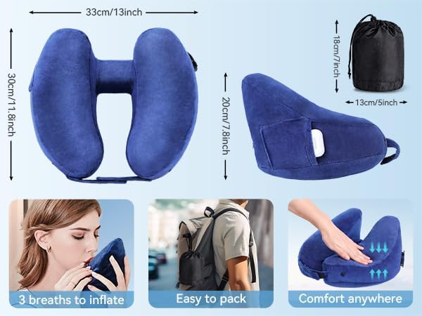 Inflatable Travel Pillow Neck Pillow Airplane Pillow for Airplanes, Trains, Cars, Office & Home (Blue, Standard)