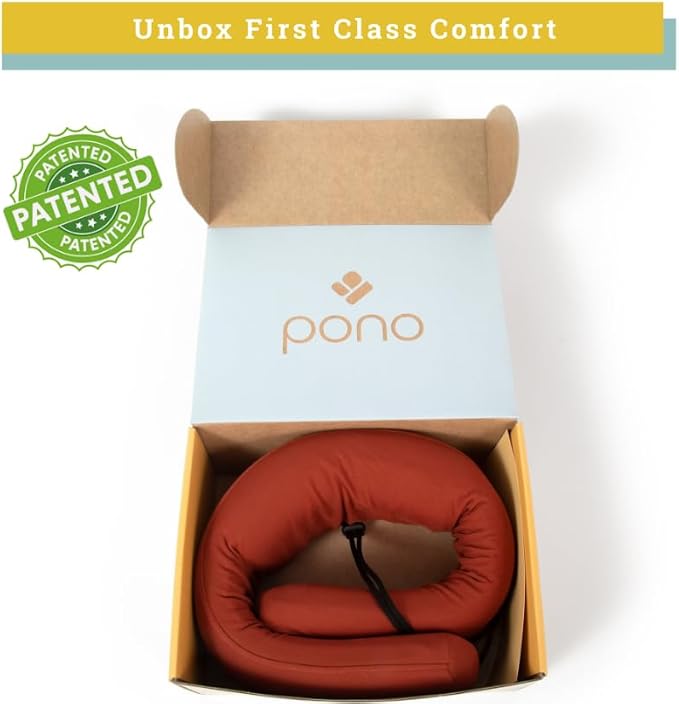 Pono Neck Cradle Travel Pillow (Patented): Memory Foam, Ergonomic 360° Adjustable Support, Prevents Head Nods. Infinity Shape Fits All Adults. Foldable Design for Easy Portability (Amber Blaze)