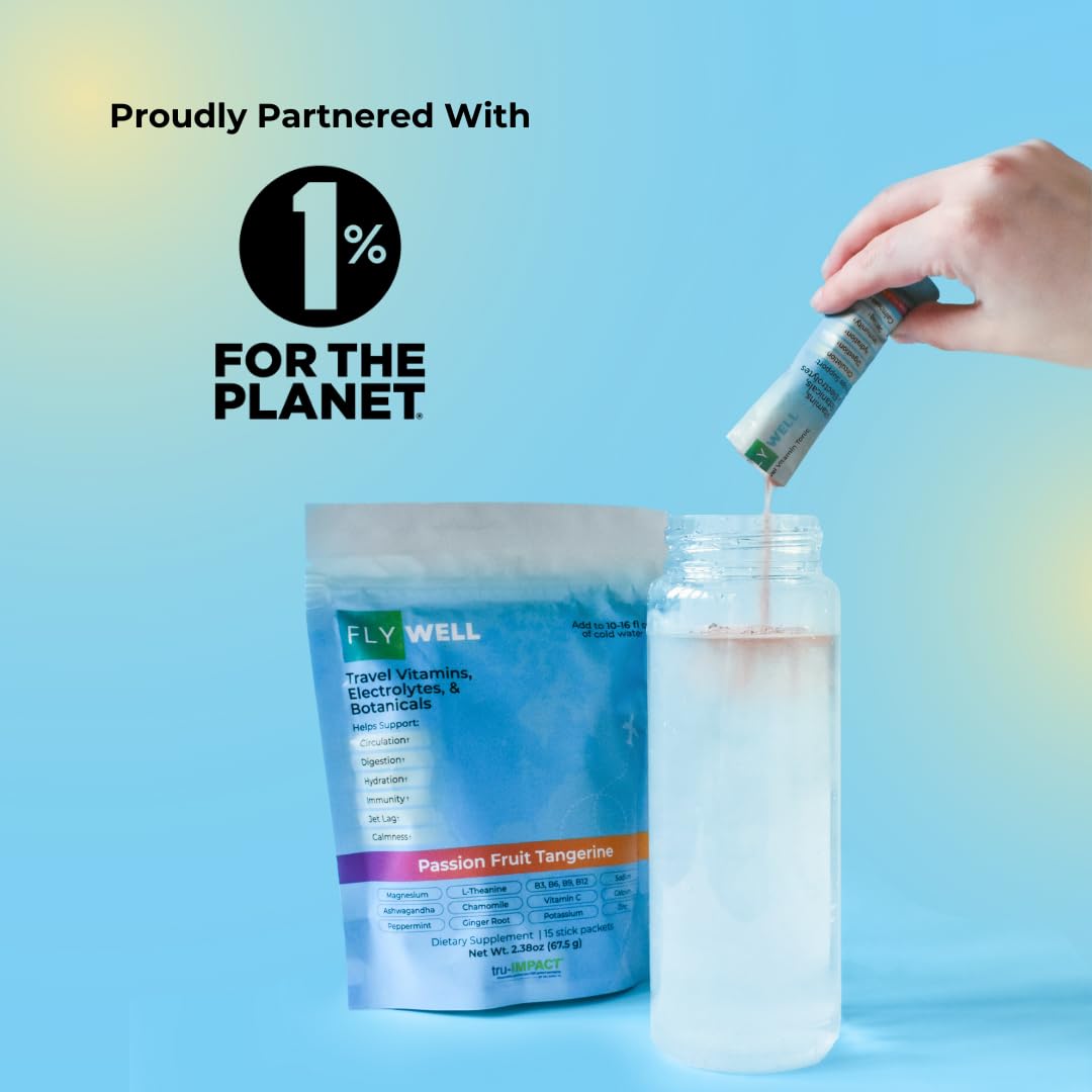 FlyWell Travel Vitamin Tonic for Flight, Jet Lag, Hydration, Circulation, Digestion & Immune Support, Promotes Calmness, Electrolyte Powder, Travel Essentials, Passion Fruit Tangerine, 15 Sticks