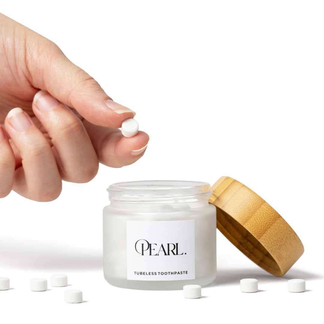 Starter Kit: The Pearl Jar & Fluoride Mint Toothpaste Tablets | Dentist Developed | Natural Whitening | TSA Approved | Reusable Packaging (Jar + 62 Tablets)