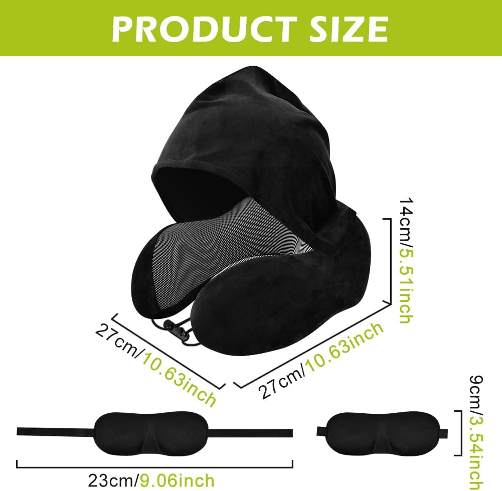 Hooded Travel Neck Pillow, Soft Travel Pillow with Earplugs & Eye Mask U Shaped Memory Foam Neck Pillow with Hood for Airplane, Office, Cars Sleeping Rest(Black)