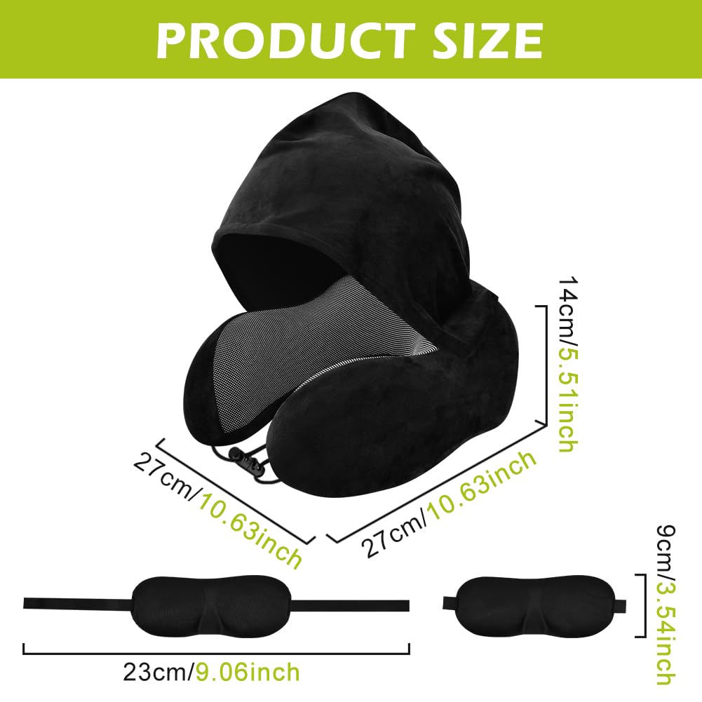 Hooded Travel Neck Pillow, Soft Travel Pillow with Earplugs & Eye Mask U Shaped Memory Foam Neck Pillow with Hood for Airplane, Office, Cars Sleeping Rest(Black)