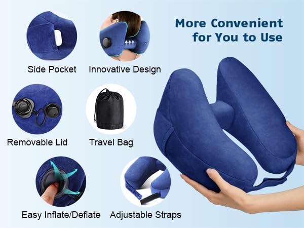 Inflatable Travel Pillow Neck Pillow Airplane Pillow for Airplanes, Trains, Cars, Office & Home (Blue, Standard)