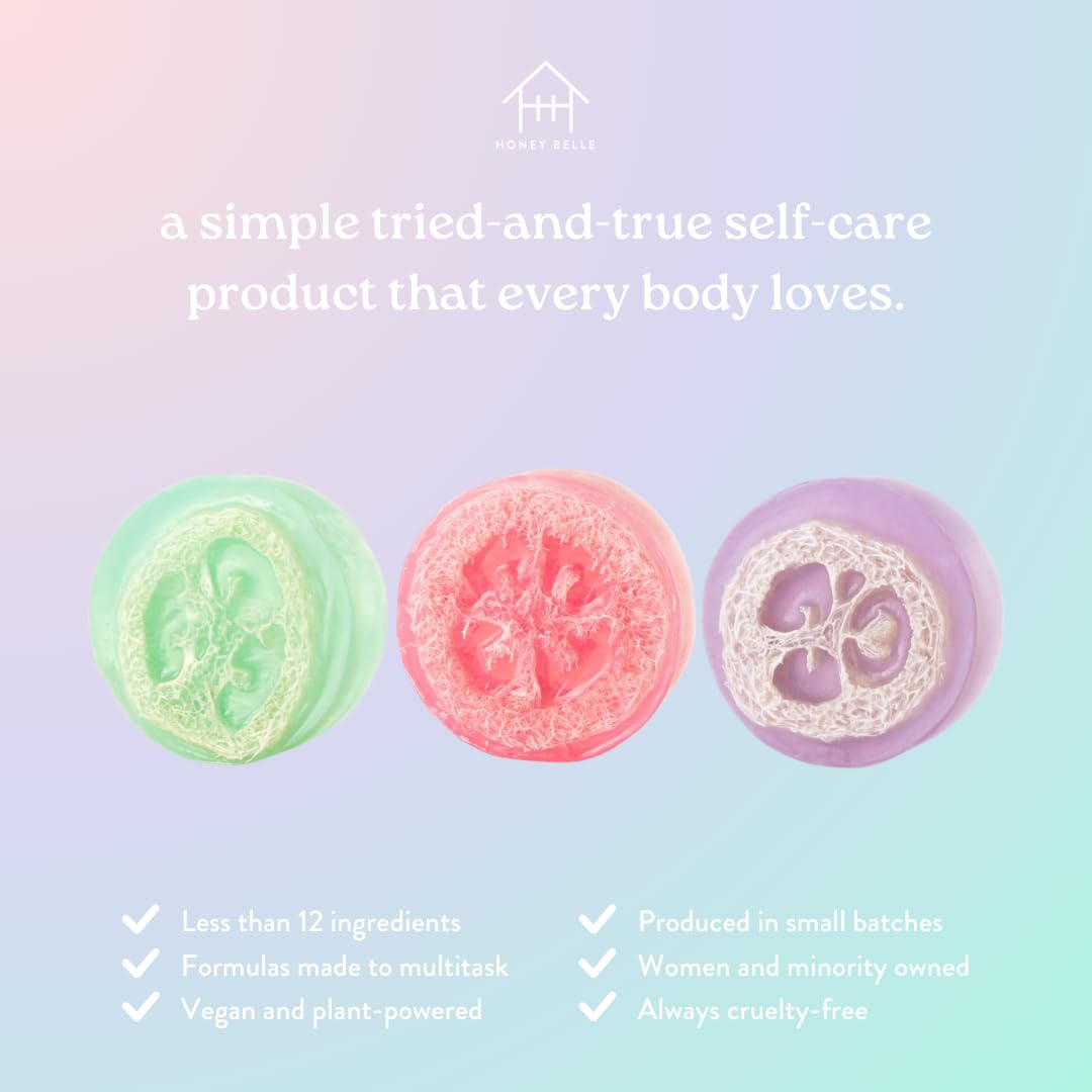 Honey Belle Exfoliating Loofah Soap 3-Pack Floral - Exfoliating Bar Soap with Loofah Inside - Cleansing, Moisturizing, Nourishing, Scrubby Soap - Plant-Based, Eco-Friendly, Vegan, Cruelty-Free