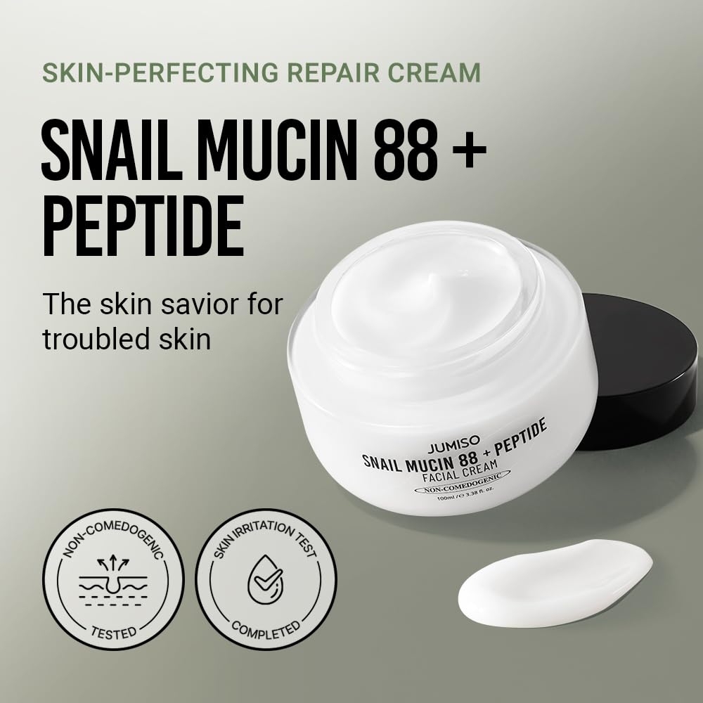 JUMISO Snail Mucin 88 Peptide Cream - Korean Face Moisturizer 5-Peptide Complex Collagen Boost Hyaluronic Acid Niacinamide Damaged Skin Repair - Sensitive Skin Non-Comedogenic 3.38 oz.