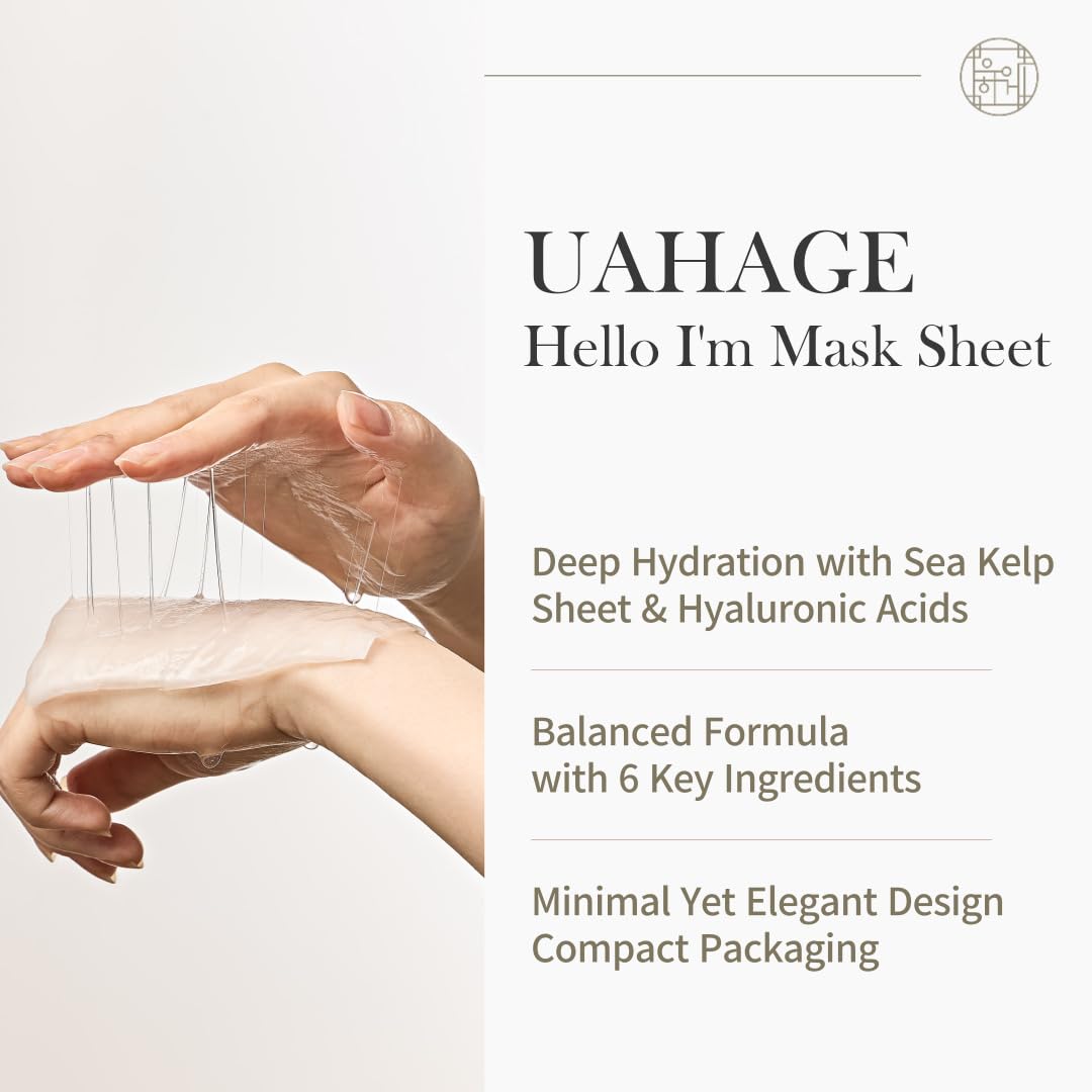 UAHAGE Hello I’m Mask Sheet – Deep Hydration, Vegan Korean Skincare with 10 Hyaluronic Acids, Resurrection Plant, Panthenol, Allantoin, Jojoba Seed Oil, Arginine (25ml x 5 Sheets / 0.85 fl.oz each)