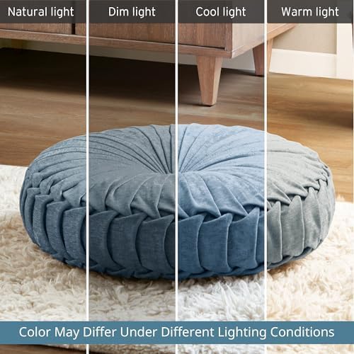 Intelligent Design Loretta Round Chenille Tufted Floor Pillow with Elegant Pleated Design, Large Boho & Vintage Decorative Throw Pillow for Sofa, Bed, or Chair, 22" x 6", Aqua