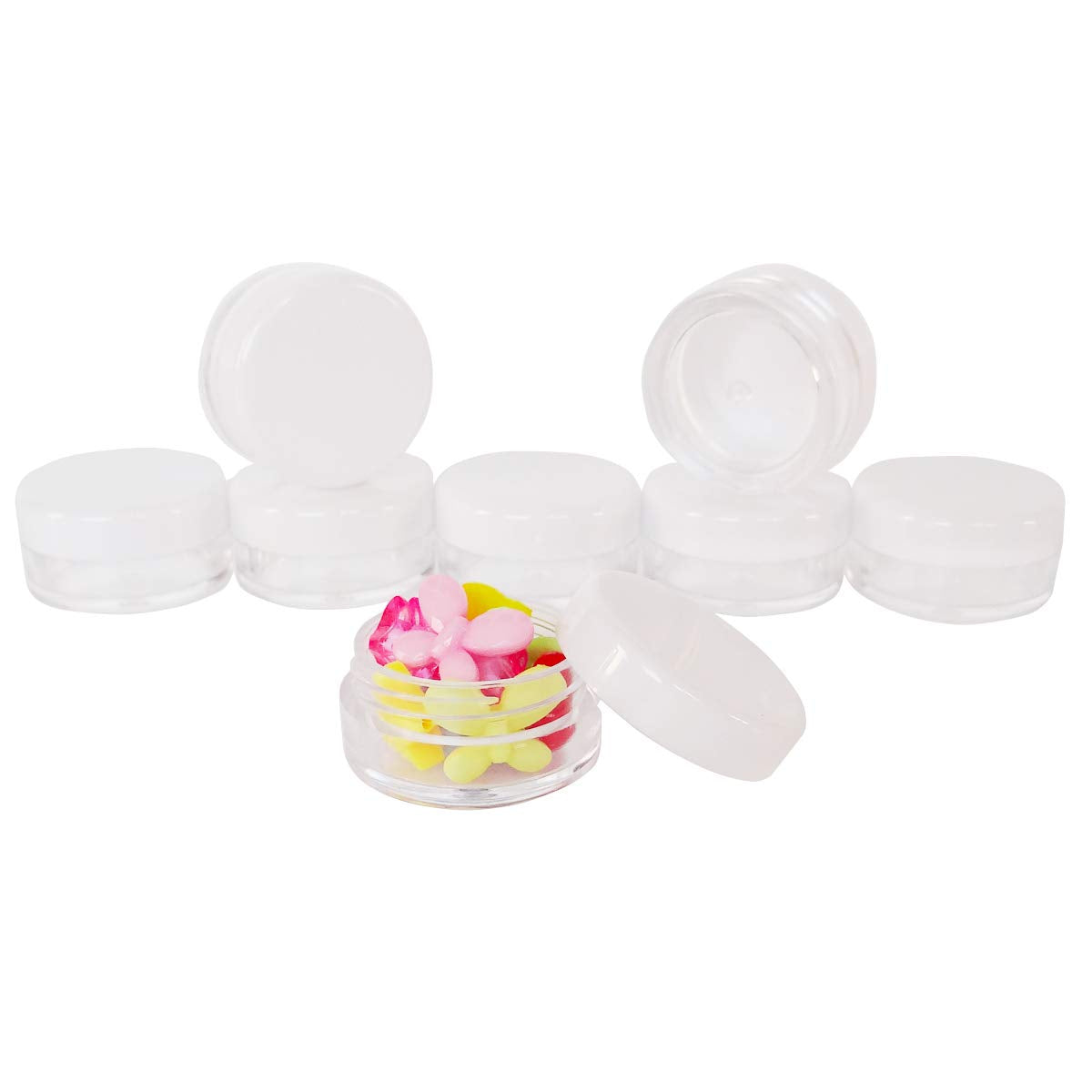 Wopanxye 20pcs 5g Small Travel Sample Cosmetic Containers for Make-up Eye Shadow Nails Lotion Powder Gems Beads Jewelry Cream, 5ml Clear Round Pot Jars with White Lid, Mini 5ml Plastic Sample Jars