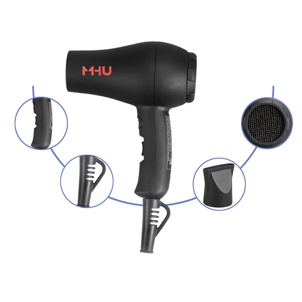 Travel Mini Hair Dryer Ceramic Ionic 1000 Watts Blow Dryer for RV Lightweight 2 Speed Settings with a Concentrator, Black