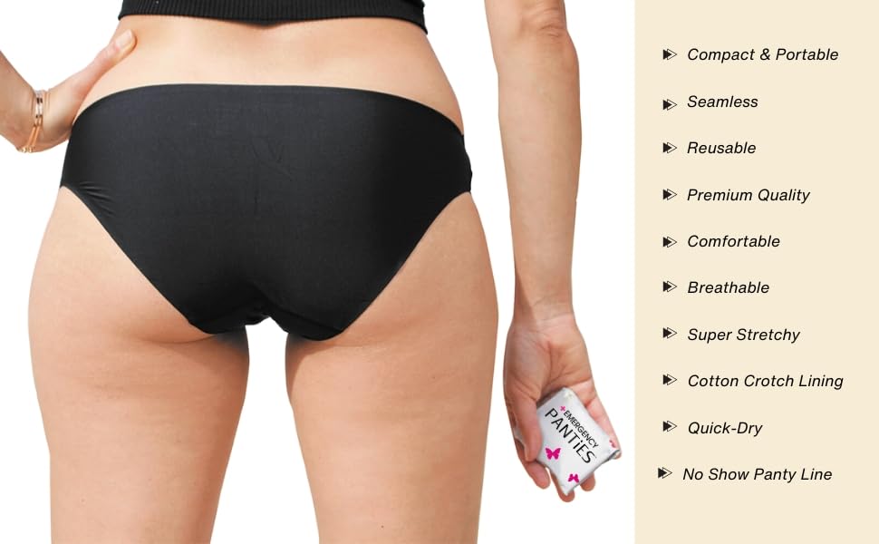 Emergency Panties 4in1 Kit Includes Seamless Bikini Underwear, Fresh Wipe & Liner Accidents Travel On-The-Go Hygiene Toiletry Kit Black Bikini