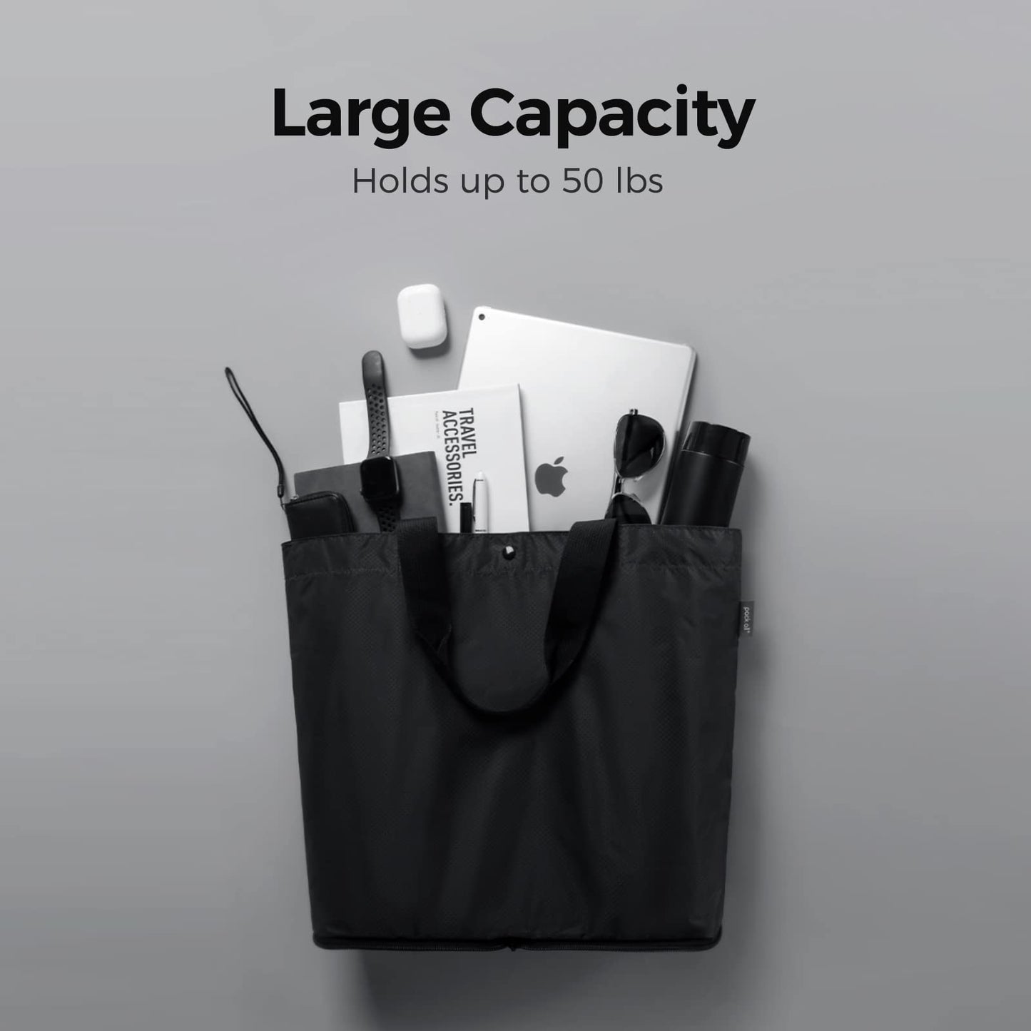 pack all 16L Lightweight Packable Tote Bag, Water Resistant Foldable Grocery Bag, Reusable Shopping Bag (Black)