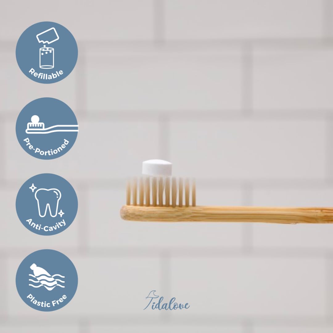 Tidalove Smile More Toothpaste Tablets with Fluoride & nHAp - Vegan, Enamel Strengthening, Zero Waste, Paper Refill, 62 Tablets, Cool Mint, 1 Month Supply, Travel-Friendly