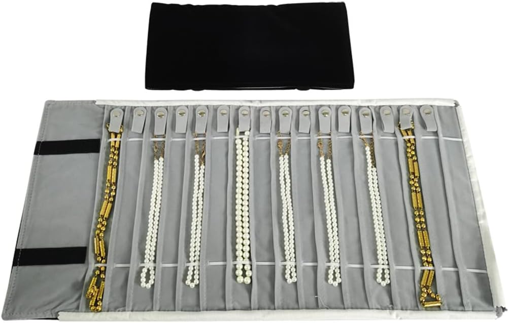 SCIKHEFT Portable Jewelry Roll Untangled Secure Necklace Travel Storage Bag Displays Holder 16 Chain (Black and Gray)